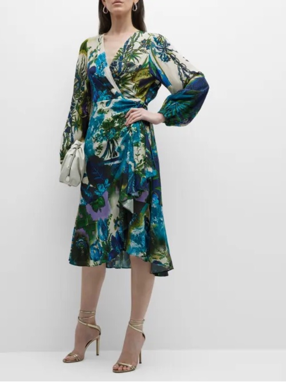 Kobi Halperin Zuri Floral V-Neck Wrap Midi Dress in Green & Blue size medium